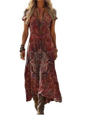 NEW Moya Boho Floral Print V Neck Maxi Dress Rust Red Flowy Bohemian